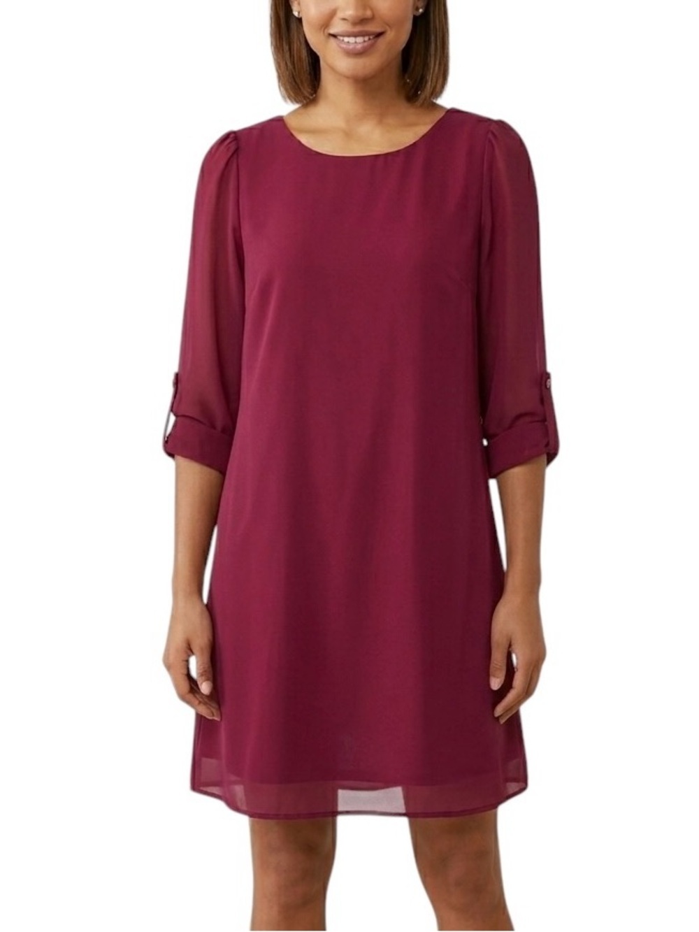 Speecklers Women’s Burgundy chiffon Shift Dress with Roll-Tab Sleeves Lined Sz M
